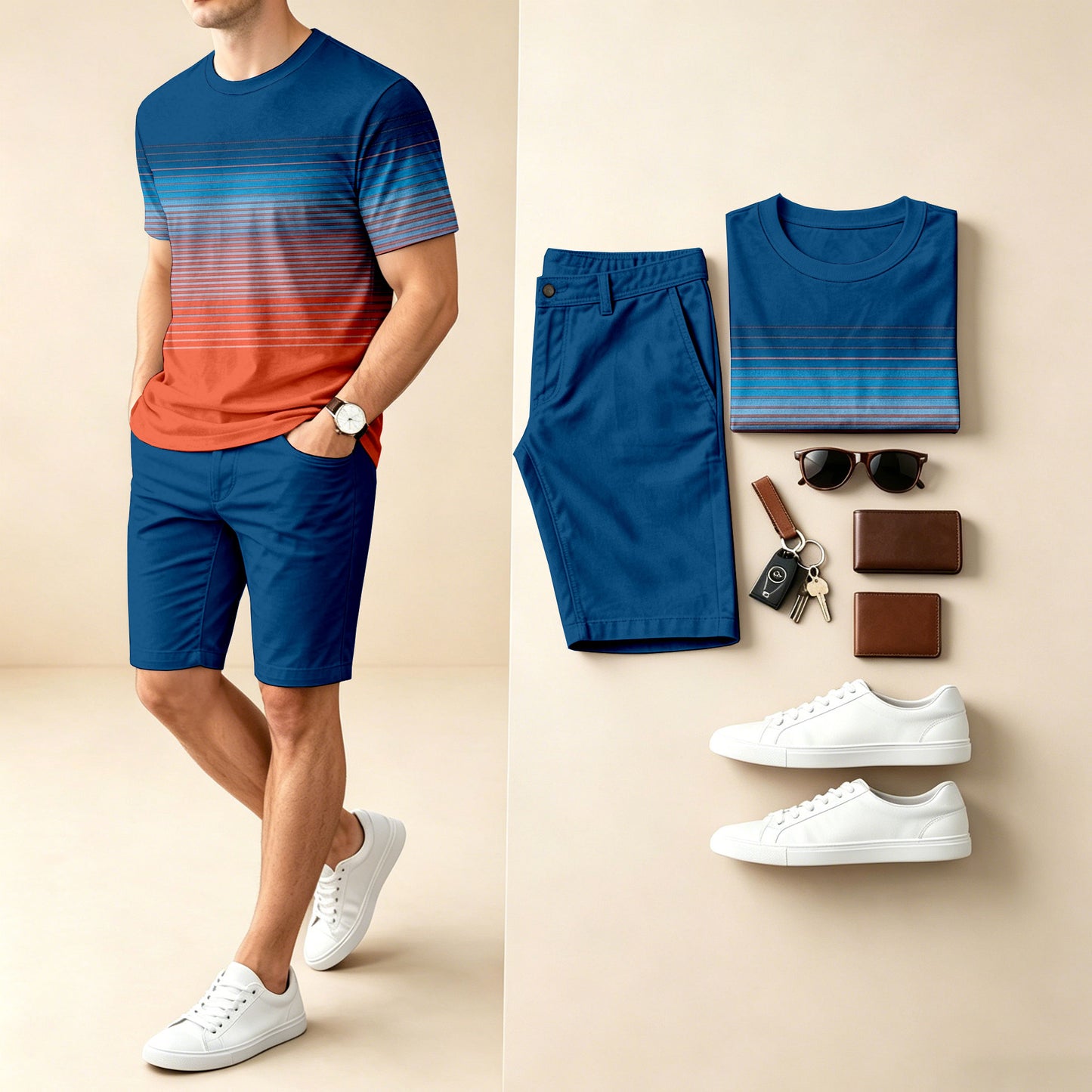 Men's Casual Gradient-Print Round-Neck Short-Sleeve T-Shirt And Shorts Two-Piece Set