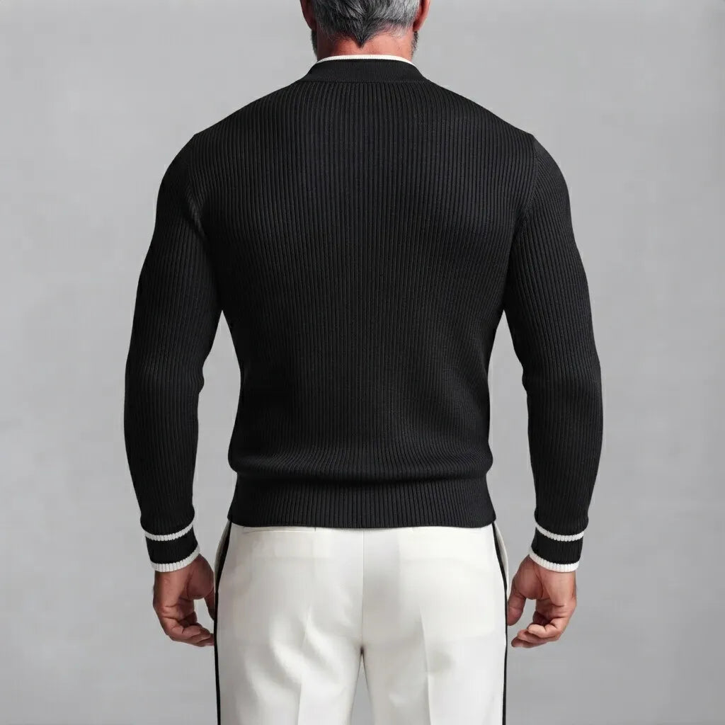 Men's Black Ribbed Knit Stand Collar Contrast Piping Slim Fit Wrapped Sweater
