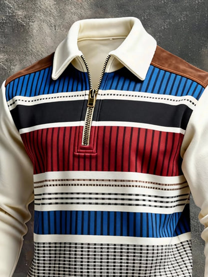 Men's Retro Color Block Print Color-Blocked Zip-Up Sweatshirt