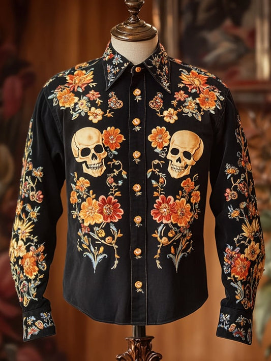 Men's Retro Casual Skull Print Long Sleeve Shirt