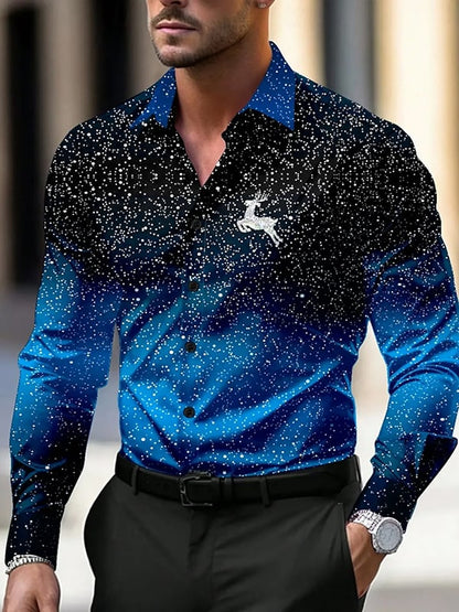 Men's Vintage Christmas Elk Business Print Long Sleeve Shirt