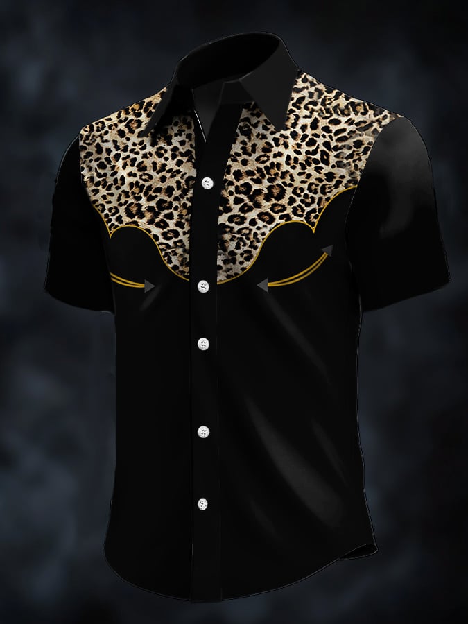 Men's Retro Western Contrast Print Short Sleeve Casual Shirt