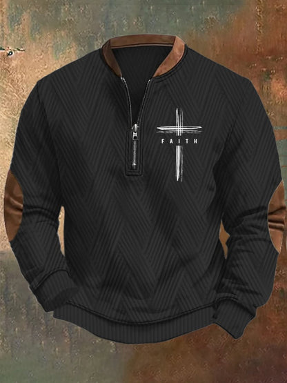 Men's retro Faith design jacquard fabric zip-up collar sweatshirt
