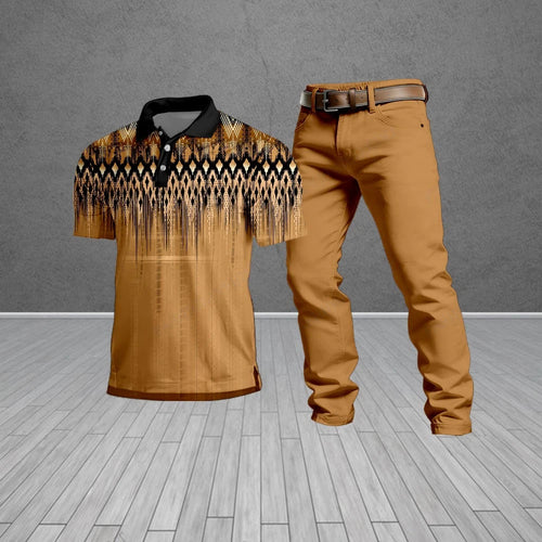 Men's Ethnic-Style Brown Patterned Short-Sleeved Polo Shirt And Trousers Two-Piece Set