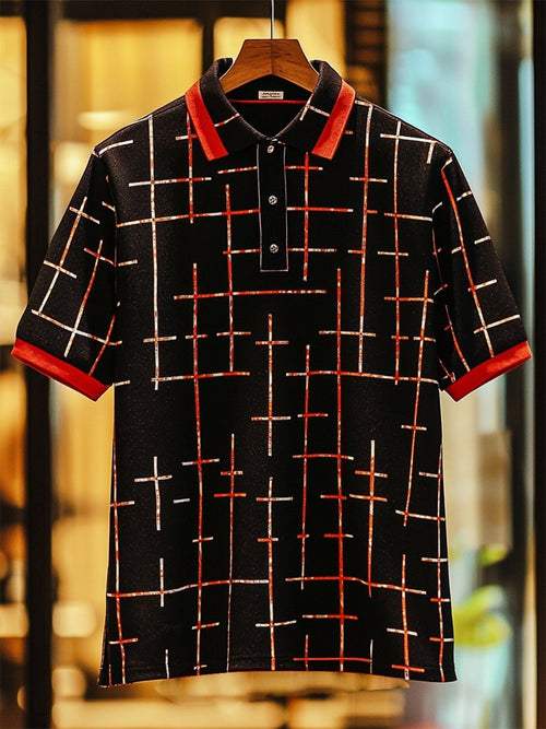 Men's Vintage Casual Cross Art Button Short Sleeve Polo Shirt