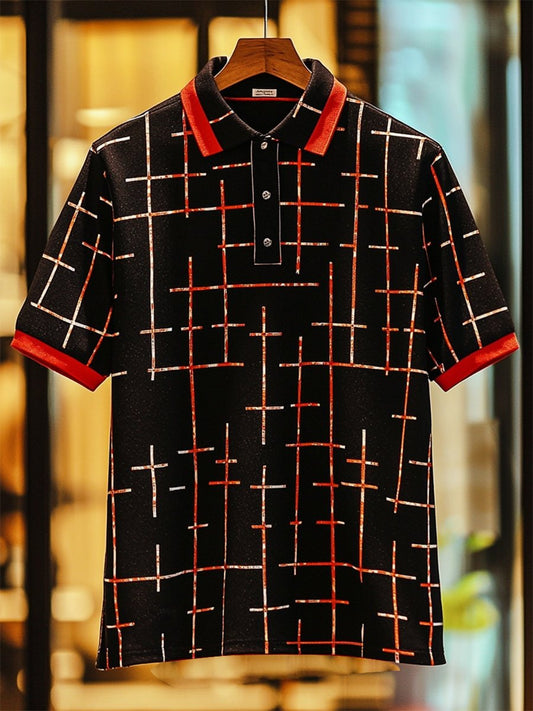Men's Vintage Casual Cross Art Button Short Sleeve Polo Shirt