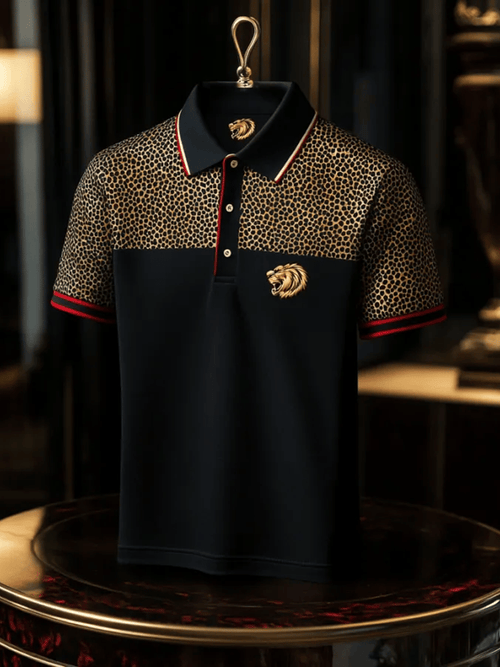 Men's Business Stripe Lettering Button-Down Polo Shirt
