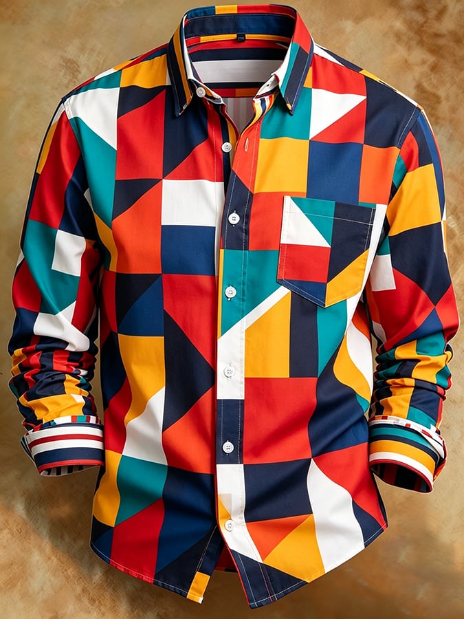 Men's Retro Abstract Art Print Comfortable Business Style Shirt