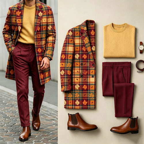 Men's Brown Three-Piece Set: Mid-Length Wool Coat, Crew-Neck Sweater, and Flowy Dress Pants