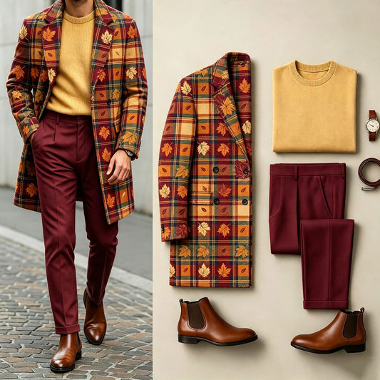 Men's Brown Three-Piece Set: Mid-Length Wool Coat, Crew-Neck Sweater, and Flowy Dress Pants