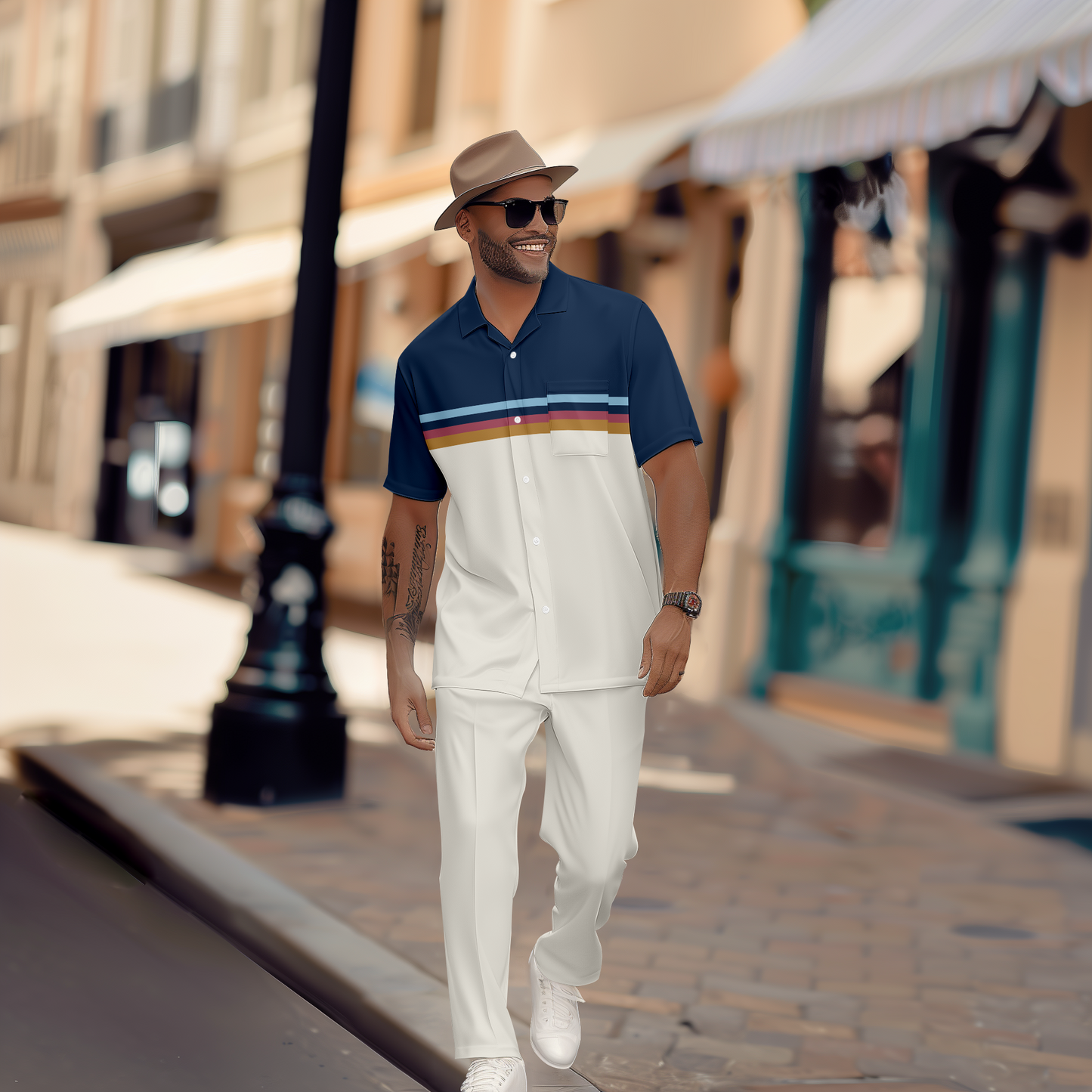 Men's retro colorblock printed short-sleeved shirt walking Suit 1078