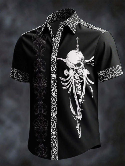 Men's Retro Horror Skull Print Lapel Short Sleeve Shirt