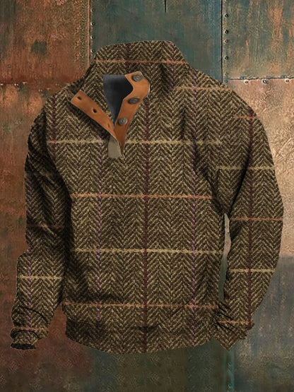Men's Western Vintage Plaid Print Stand Collar Button-Down Sweatshirt