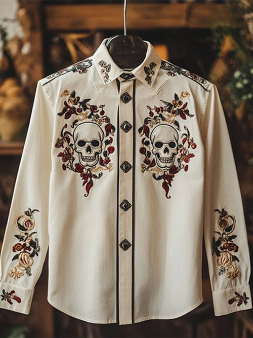 Men's Outdoor Vintage Skull and Floral Print Long Sleeve Shirt