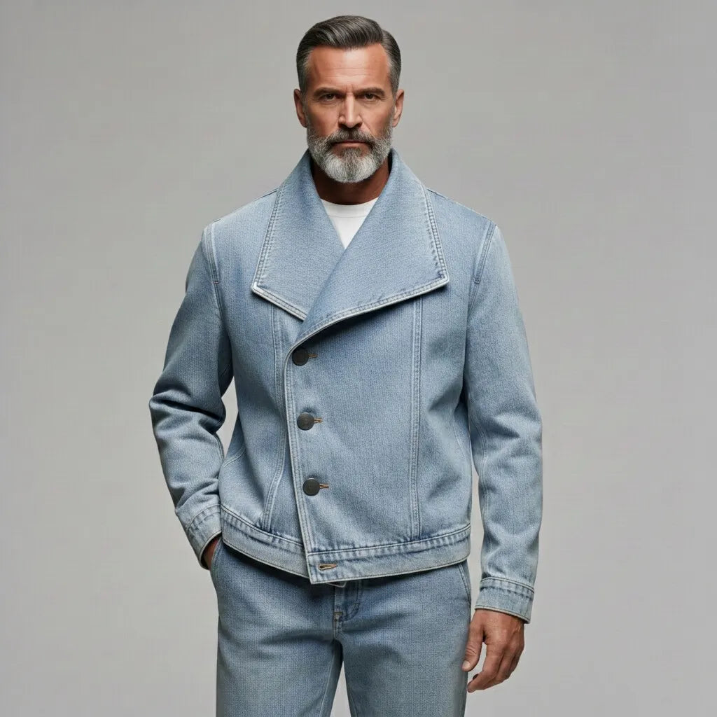 Men's Casual Light Blue Asymmetric Single Breasted Lapel Collar Denim Jacket