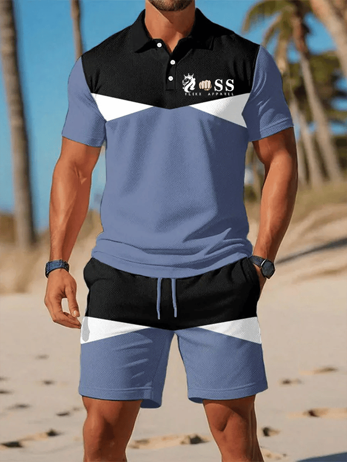 Men's Retro Letter Design Casual Business Short Sleeve Polo Shirt Suit