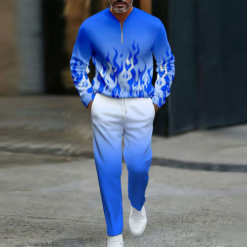 Men's Casual Color Matching Blue Flame Printed Round-Neck Zipper Long Sleeved Trousers Two-Piece Set
