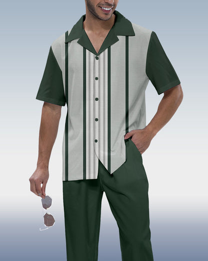 Rianmond Men's Vertical Stripe Print Short Sleeve Shirt Trekking Set 346