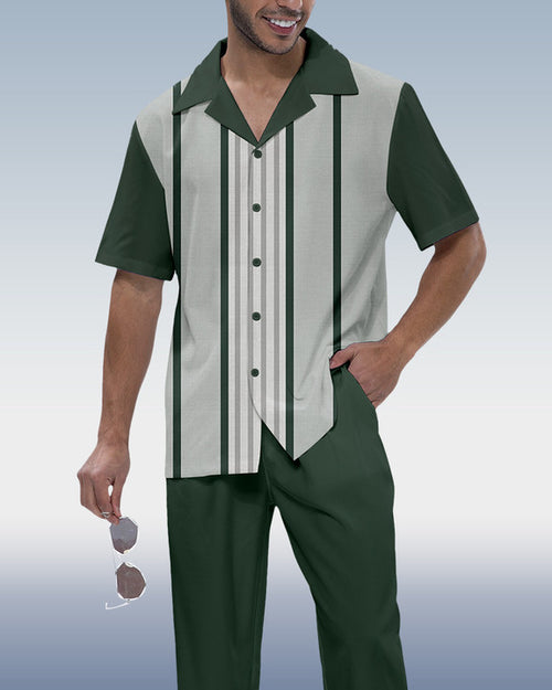 Rianmond Men's Vertical Stripe Print Short Sleeve Shirt Trekking Set 346