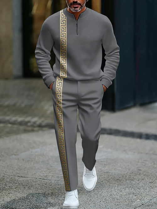 Men's Casual Gray & Gold Color Matching Baroque Style Printed Round-Neck Zipper Long Sleeved Sweatshirt & Trousers Two-Piece Set