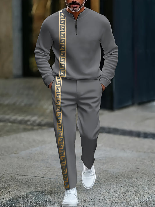 Men's Casual Gray & Gold Color Matching Baroque Style Printed Round-Neck Zipper Long Sleeved Sweatshirt & Trousers Two-Piece Set