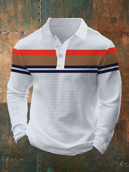Men's Vintage Casual Waffle Long Sleeve Polo Shirt