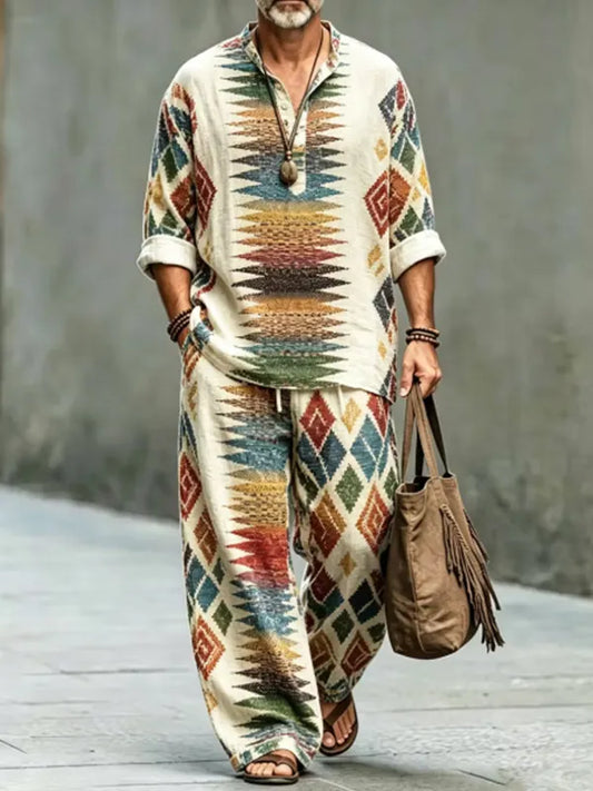 Men's Ethnic Geometric Diamond Boho Print Half Button Long Sleeve Shirt Pants 2pcs Set