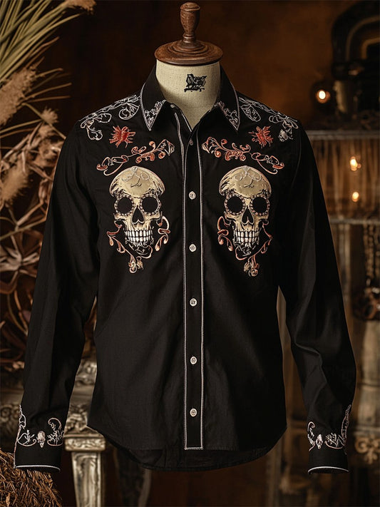 Men's Retro Casual Skull Print Long Sleeve Shirt