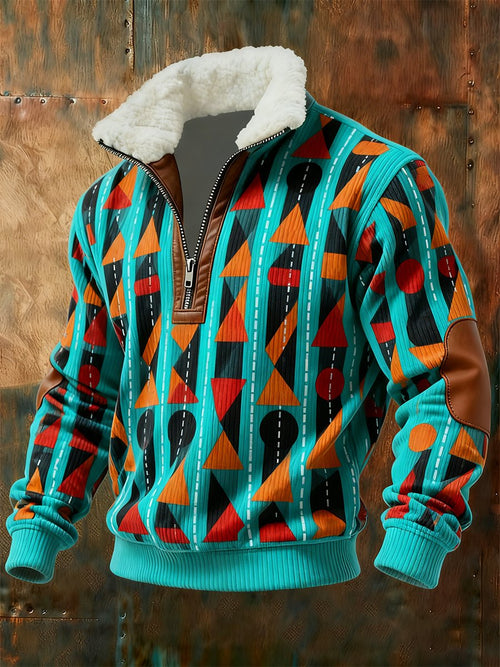 Men's Retro Geometric Quarter Zip Fleece Neck Sweatshirt