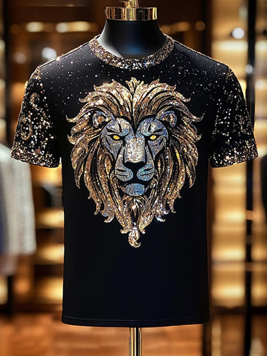 Men's Business Lion Sequin Print Short Sleeve T-Shirt