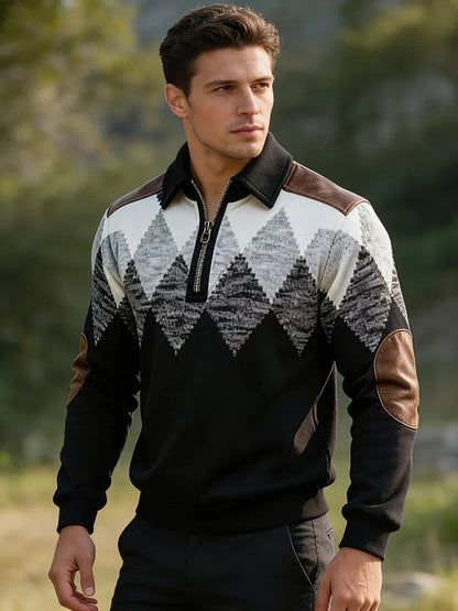 Men's Retro Color Block Print Color-Blocked Zip-Up Sweatshirt