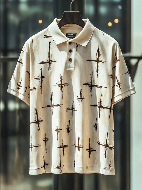 Men's Vintage Casual Cross Art Button Short Sleeve Polo Shirt