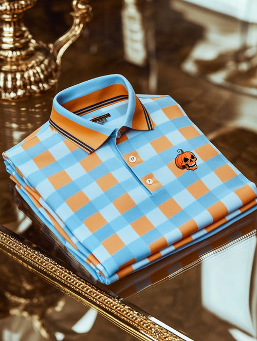 Men's Classic Business Check Halloween Pumpkin Skull Logo Button Short Sleeve Polo Shirt