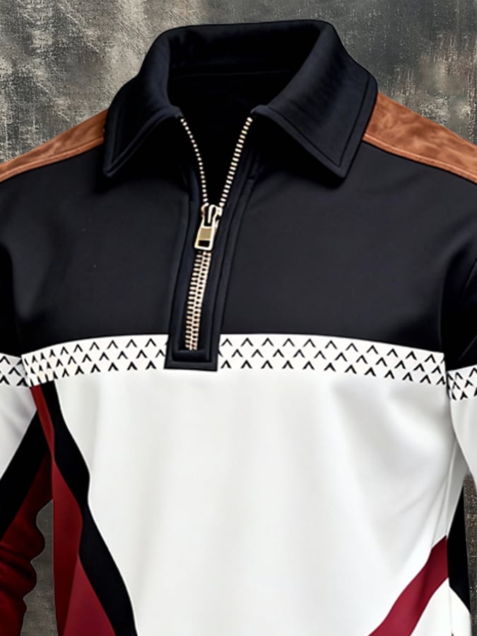 Men's Retro Color Block Print Zipper Sweatshirt