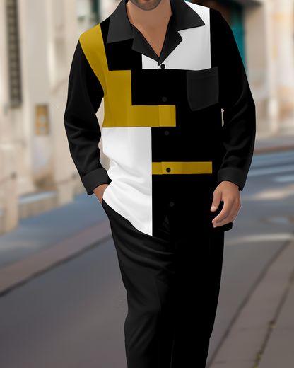 Men's Colorblock Printed Long Sleeve Shirt Casual Walking Suit 1469