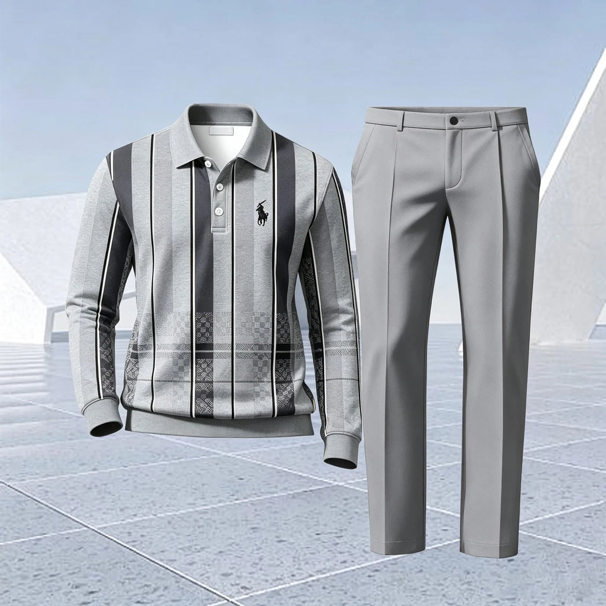 Men's Printed Polo Shirt and Pants Set