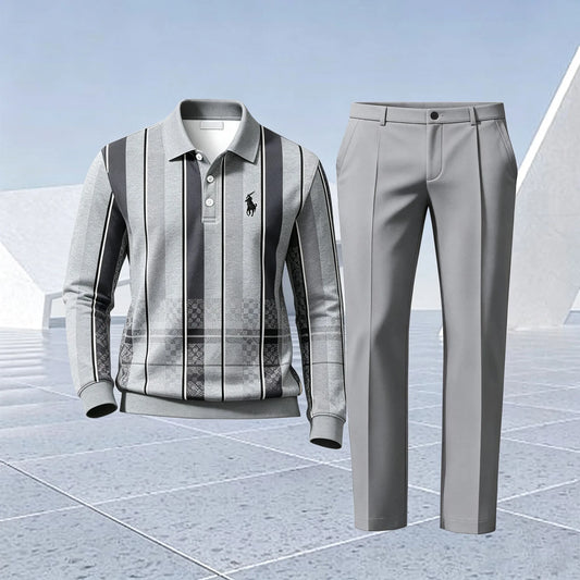 Men's Printed Polo Shirt and Pants Set