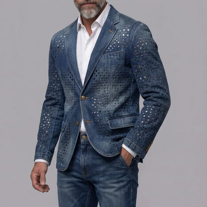 Men's Retro Distressed Denim Hollow Out Notch Lapel Single Breasted Blazer