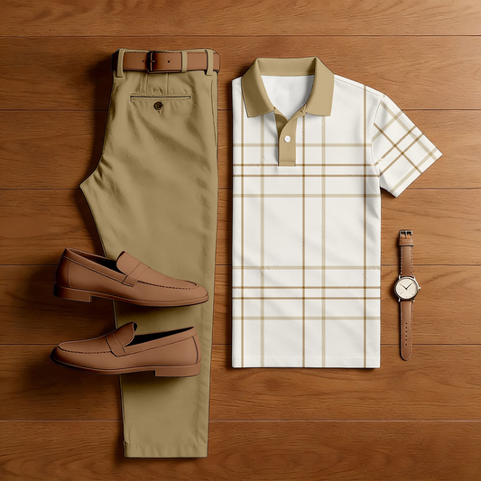 Men's Casual Khaki & White Color Matching Chekered Printed Short Sleeved Polo Shirt & Trousers Two-Piece Set