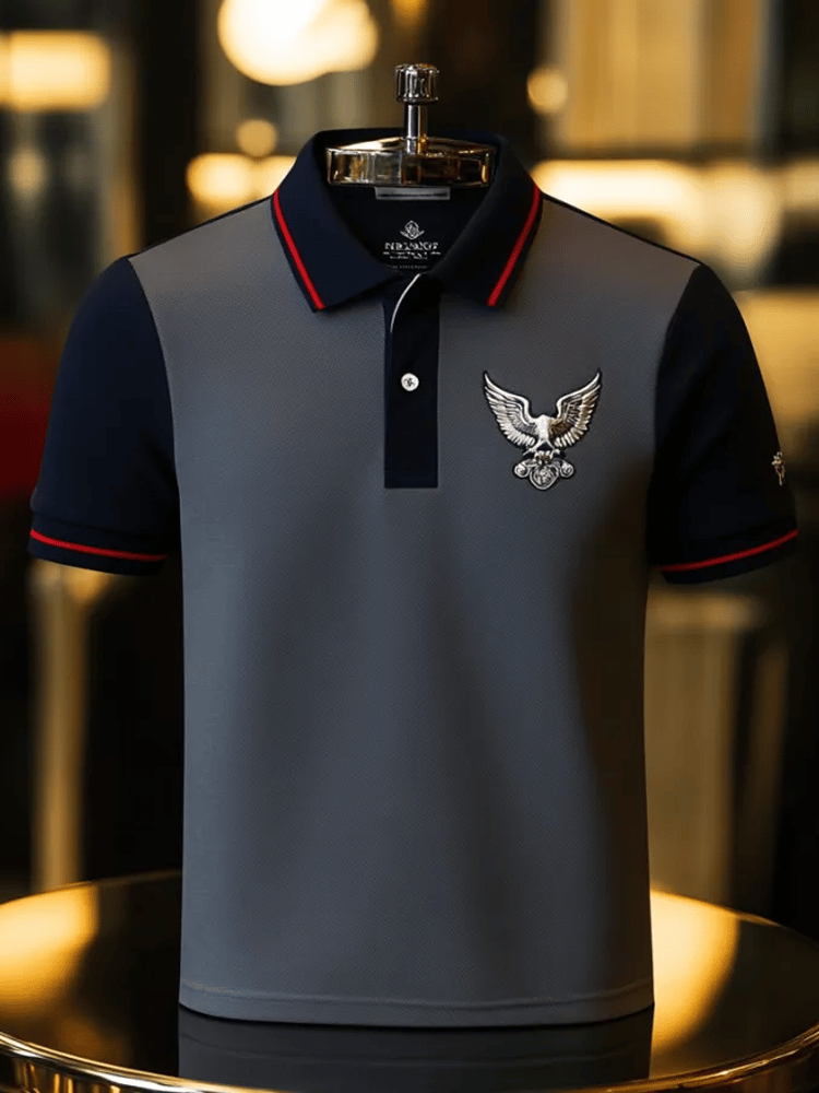 Men's Business Stripe Lettering Button-Down Polo Shirt