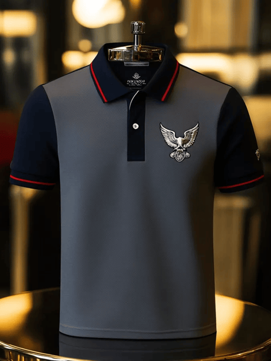 Men's Business Stripe Lettering Button-Down Polo Shirt
