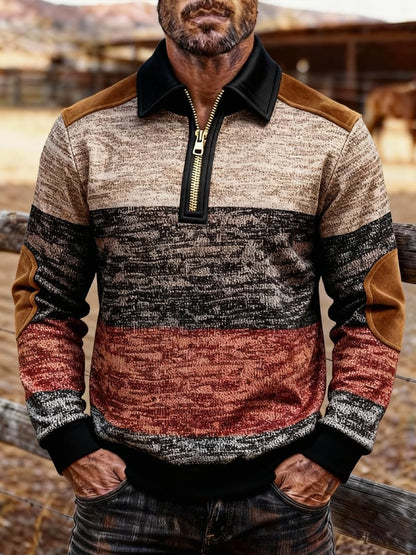 Men's Retro Color Block Print Zipper Sweatshirt