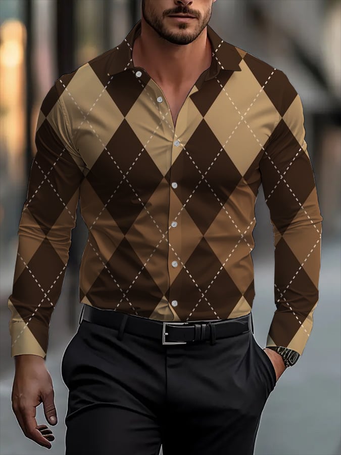 Men's Classic Business Plaid Stripe Print Long Sleeve Shirt