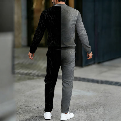 Men's Casual Color Matching Printed Round-Neck Zipper Long Sleeved Trousers Two-Piece Set