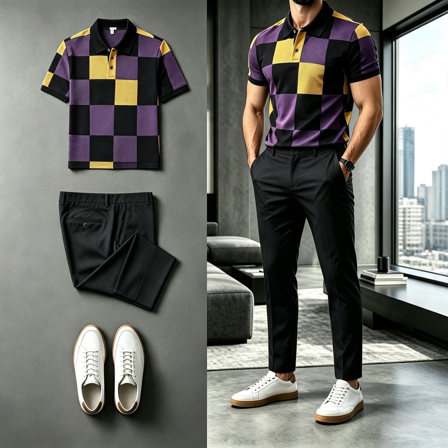 Men's Two-Tone Checkered Short-Sleeve Polo Shirt and Pants Set