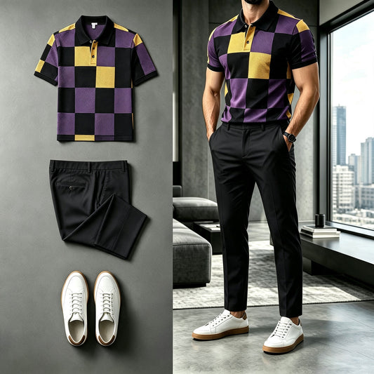Men's Two-Tone Checkered Short-Sleeve Polo Shirt and Pants Set