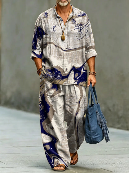 Men's Fashionable Abstract Art Print Cotton Shirt Set
