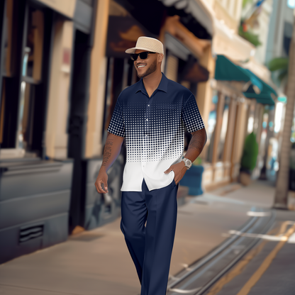 Men's Gradient Print Short Sleeve Shirt Walking Suit 1079