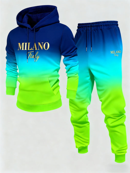 Men's Casual Blue & Green Gradient Color Matching Printed Hoodies Long Sleeved Sweatshirts & Sweatpants Two-Piece Set
