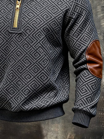 Men'S Vintage-Style Textured Patchwork Color-Block Long-Sleeved Sweatshirt